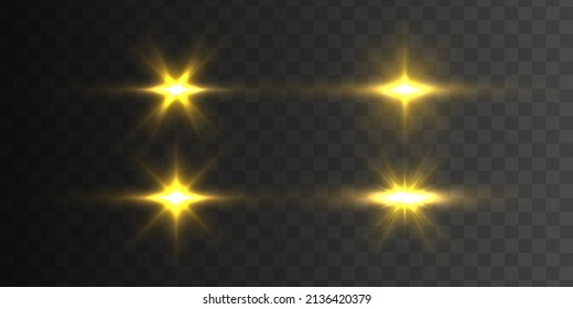 Realistic sun rays. Golden sparks sparkle on transparent background. Star burst with sparkles. Yellow glowing lights explodes. Set of gold bright beautiful stars. Glow light effect, lens flare. Vector