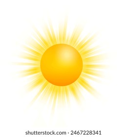 Realistic sun with rays icon for weather design. Hot temperature. Sunshine symbol. Vector stock illustration.