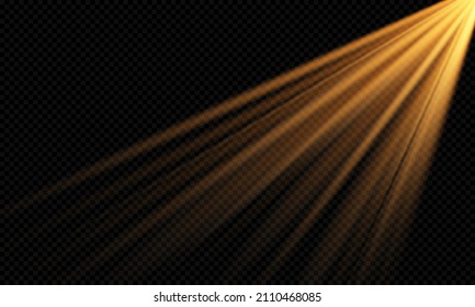 Realistic sun rays. Light effect. Warm orange flare effect. Sunshine, sunbeam.