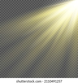 Realistic sun rays. Light effect. Warm orange flare effect. Sunshine, sunbeam.