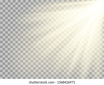 Realistic sun rays on transparent background. Glow light effect vector illustration. Lens flare light effect.