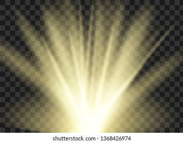 Realistic sun rays on transparent background. Glow light effect vector illustration. Lens flare light effect.