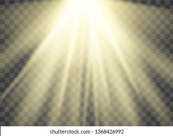 Realistic sun rays on transparent background. Glow light effect vector illustration. Lens flare light effect.