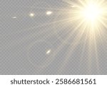 Realistic sun rays. Sun ray glow abstract shine light effect starburst beam sunshine glowing isolated image. Lights flare, star flash light, white sun rays, png. 