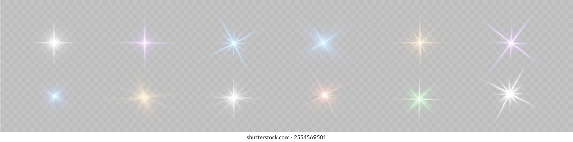 Realistic sun rays. Sun ray glow abstract shine light effect starburst beam sunshine glowing isolated image. Lights flare, star flash light, white sun rays, png. 