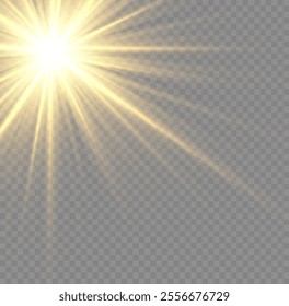 Realistic sun rays. Sun ray glow abstract shine light effect starburst beam sunshine glowing isolated image. Lights flare, star flash light, white sun rays, png. 