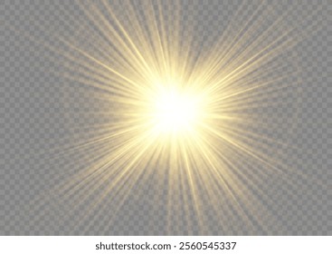 Realistic sun rays. Sun ray glow abstract shine light effect starburst beam sunshine glowing isolated image. Lights flare, star flash light, white sun rays, png. 