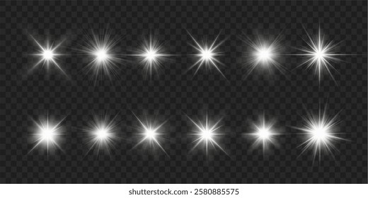 Realistic sun rays. Sun ray glow abstract shine light effect starburst beam sunshine glowing isolated image. Lights flare, star flash light, white sun rays, png. 