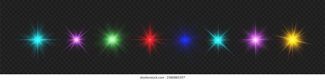 Realistic sun rays. Sun ray glow abstract shine light effect starburst beam sunshine glowing isolated image. Lights flare, star flash light, white sun rays, png. 