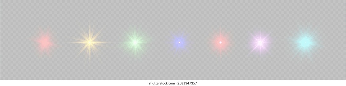 Realistic sun rays. Sun ray glow abstract shine light effect starburst beam sunshine glowing isolated image. Lights flare, star flash light, white sun rays, png. 