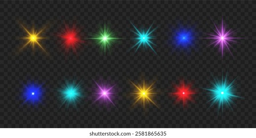 Realistic sun rays. Sun ray glow abstract shine light effect starburst beam sunshine glowing isolated image. Lights flare, star flash light, white sun rays, png. 