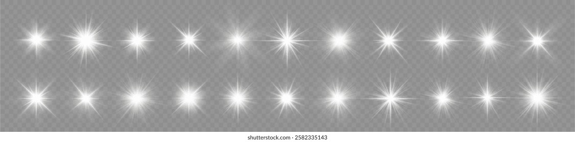 Realistic sun rays. Sun ray glow abstract shine light effect starburst beam sunshine glowing isolated image. Lights flare, star flash light, white sun rays, png. 