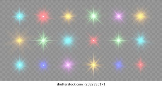Realistic sun rays. Sun ray glow abstract shine light effect starburst beam sunshine glowing isolated image. Png glitter sparkle star trail, light effect, abstract waves flow vector illustration.