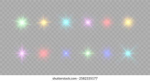 Realistic sun rays. Sun ray glow abstract shine light effect starburst beam sunshine glowing isolated image. Lights flare, star flash light, white sun rays, png. 