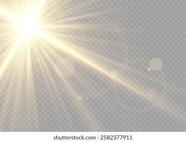 Realistic sun rays. Sun ray glow abstract shine light effect starburst beam sunshine glowing isolated image. Lights flare, star flash light, white sun rays, png. 