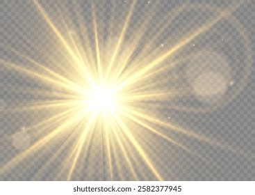 Realistic sun rays. Sun ray glow abstract shine light effect starburst beam sunshine glowing isolated image. Lights flare, star flash light, white sun rays, png. 