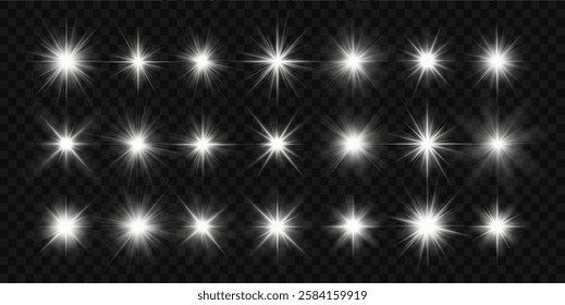 Realistic sun rays. Sun ray glow abstract shine light effect starburst beam sunshine glowing isolated image. Lights flare, star flash light, white sun rays, png. 