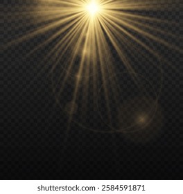 Realistic sun rays. Sun ray glow abstract shine light effect starburst beam sunshine glowing isolated image. Lights flare, star flash light, white sun rays, png. 