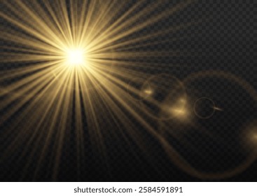 Realistic sun rays. Sun ray glow abstract shine light effect starburst beam sunshine glowing isolated image. Lights flare, star flash light, white sun rays, png. 