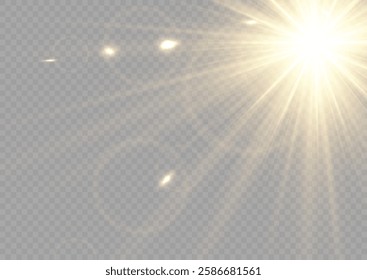 Realistic sun rays. Sun ray glow abstract shine light effect starburst beam sunshine glowing isolated image. Lights flare, star flash light, white sun rays, png. 