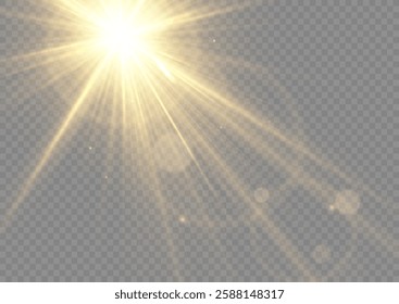 Realistic sun rays. Sun ray glow abstract shine light effect starburst beam sunshine glowing isolated image. Lights flare, star flash light, white sun rays, png. 