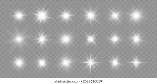 Realistic sun rays. Sun ray glow abstract shine light effect starburst beam sunshine glowing isolated image. Lights flare, star flash light, white sun rays, png. 