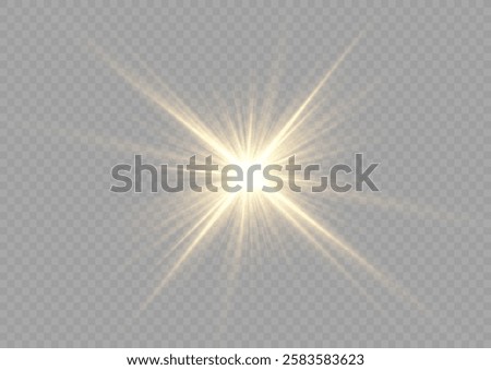 Realistic sun rays. Sun ray glow abstract shine light effect starburst beam sunshine glowing isolated image. Lights flare, star flash light, white sun rays, png. 