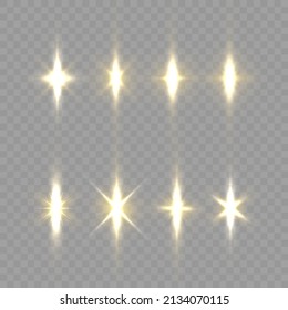 Realistic sun rays. Star burst with sparkles. Set of gold bright beautiful stars. Glow light effect, lens flare. Golden sparks sparkle on transparent background. Yellow glowing lights explodes. Vector