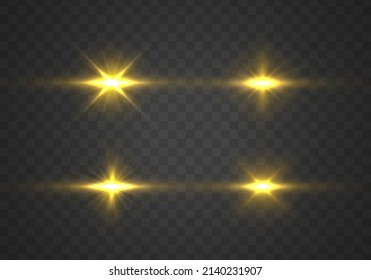 Realistic sun rays. Star burst with sparkles. Glow light effect, lens flare. Golden sparks sparkle on transparent background. Yellow glowing lights explodes. Set of gold bright beautiful stars. Vector