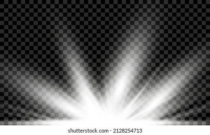 Realistic sun rays. Warm glow light effect. Sun, sunbeam.Glowing stripes on a dark background.