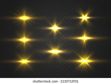 Realistic sun rays. Yellow glowing lights explodes. Star burst with sparkles. Glow light effect, lens flare. Golden sparks sparkle on transparent background. Set of gold bright beautiful stars. Vector