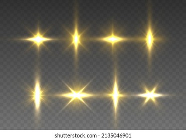 Rayos solares realistas. Las luces amarillas brillantes explotan. Las estrellas arden de chispas. Las chispas doradas brillan sobre un fondo transparente. Conjunto de brillantes y doradas estrellas hermosas. Efecto de luz brillante, lente intermitente. Vector