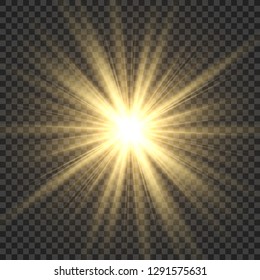 Raios solares realistas. Raio de sol amarelo brilho abstrato brilho luz efeito starburst sbeam sol brilhante ilustração vetorial isolada