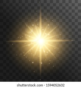 Realistic sun rays. Yellow sun ray glow abstract shine light effect starburst sun beam sunshine glowing isolated. Vector illustration