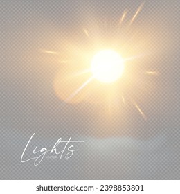 Realistic sun shining natural light effect with warm beams and rays. Sunrise and sunset, flash and explosion. Soft and bright vector effect