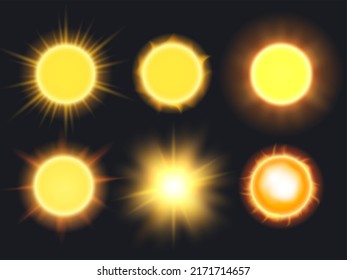 Realistic sun. Shiny illuminated tropical circle light sign decent vector realistic sunshine