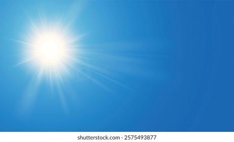 Realistic sun in sky. Blue summer clear sky and sunshine for spring landscape. Sunlight in heaven. Sunny day, springtime and summertime vector background.