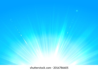 Realistic sun and sunbeams on blue sky. Abstract summer sunny sky. Vector background of daytime sunny sky with bokeh.