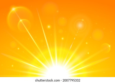 Realistic sun and sunbeams on bright orange tropical sky. Abstract summer sunny sky. Vector background of daytime sunny desert sky with bokeh.