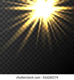 Realistic sun yellow warm light effect, sun rays, beams  light effect on transparent background. Vector illustration.