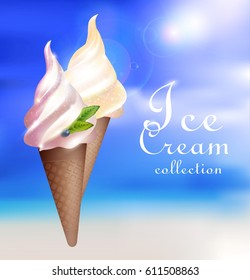 Realistic sundae ice cream concept with vanilla and caramel flavors in waffle cones isolated vector illustration