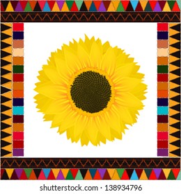 Realistic sunflower background on a decorative frame