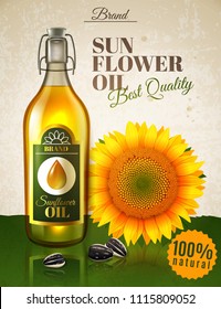 Realistic sunflower oil, natural product in glass bottle with label, flower and seeds ad poster vector illustration