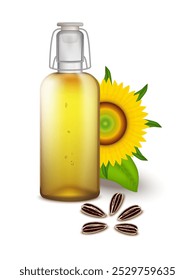 Realistic Sunflower Oil on White Background. Shiny Bottle of Pure Golden Cooking Oil Standing Next to Blooming Sunflowers. Natural Food for Advertising, Website, Banner, etc.