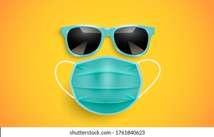 Vidrio realista y máscara sobre fondo amarillo, ilustración vectorial
