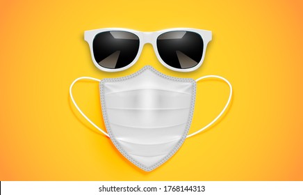 Realistic sunglass and mask on a yellow background, vector illustration