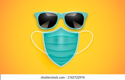 Realistic sunglass and shield-shaped mask on a yellow background, vector illustration