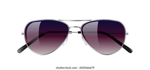 Realistic sunglasses aviator model isolated on white background. Trendy unisex eyeglasses for summer sunshine. Eyewear with gradient lens color. 3d vector illustration