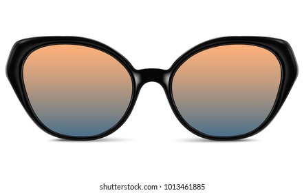 Realistic sunglasses with blue orange gradient lens and black plastic frame. Vector 3D illustration