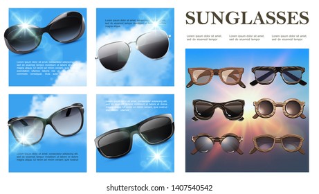 Realistic sunglasses colorful composition with classic and modern hipster eyeglasses on sky backgrounds vector illustration